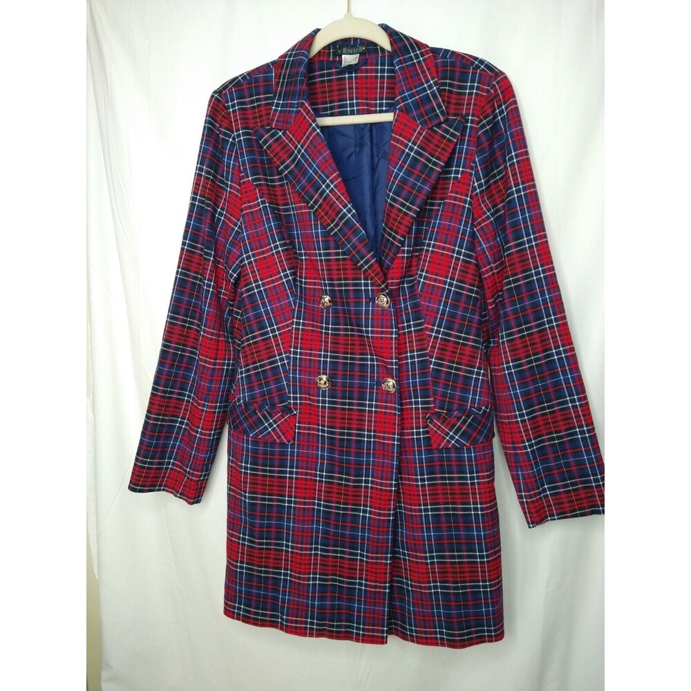 NWOT VENUS Red Blue Plaid Jacket Sz14 Button Closure Mid Length Academia Preppy
